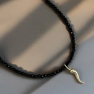 Good Luck & Protection - Black Spinel Necklace with 14K Solid Gold Cornicello - Georgina Nicol