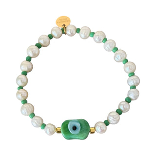 Green Murano Glass Evil Eye Freshwater Pearl Bracelet - Georgina Nicol