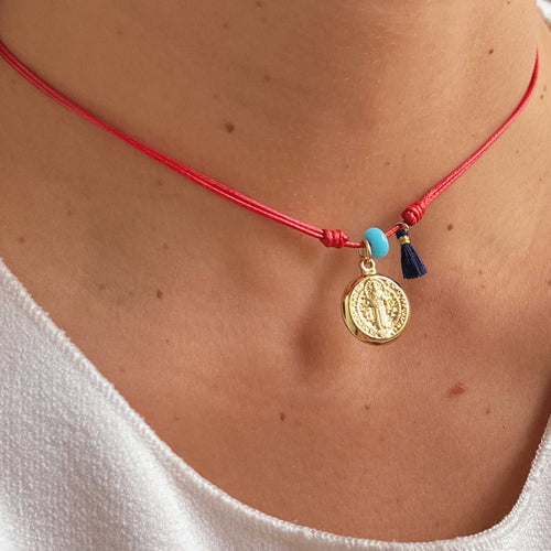 I Am Protected and Guided Always – Saint Benedict Red Cord Necklace - Georgina Nicol