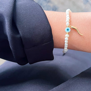 I Am Surrounded by Protection and Good Fortune — Freshwater Pearl Evil Eye & Cornicello Bracelet - Georgina Nicol