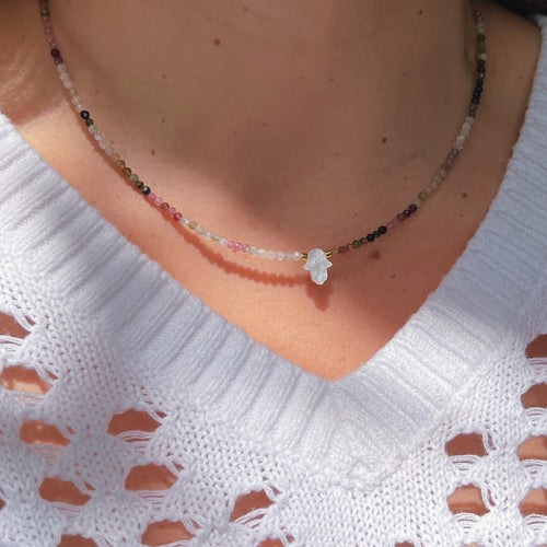 I Attract Love, Balance, and Protection — Tourmaline & Mother of Pearl Hamsa Necklace - Georgina Nicol