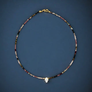 I Attract Love, Balance, and Protection — Tourmaline & Mother of Pearl Hamsa Necklace - Georgina Nicol