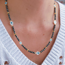 Load image into Gallery viewer, I Radiate Divine Protection and Elegance — Hematite Evil Eye &amp; Hamsa Convertible Stretch Necklace - Bracelet - Georgina Nicol

