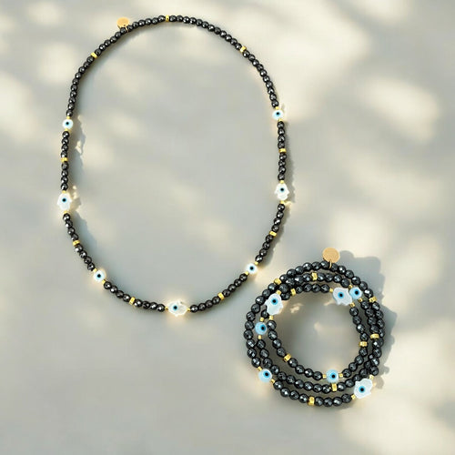 I Radiate Divine Protection and Elegance — Hematite Evil Eye & Hamsa Convertible Stretch Necklace - Bracelet - Georgina Nicol