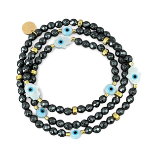 I Radiate Divine Protection and Elegance — Hematite Evil Eye & Hamsa Convertible Stretch Necklace - Bracelet - Georgina Nicol