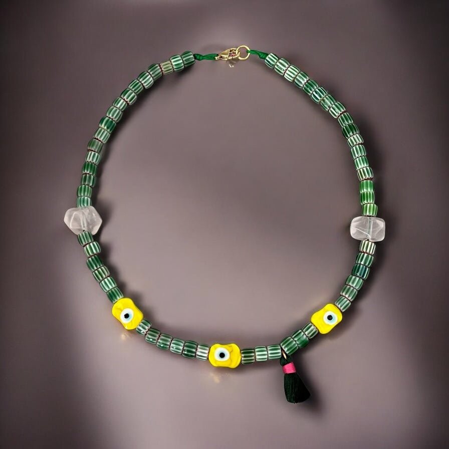 I Radiate Love, Joy, and Protection – Rose Quartz & Yellow Evil Eye Necklace (One of a Kind) - Georgina Nicol