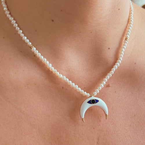 I Trust My Intuition and Embrace New Beginnings — Evil Eye Crescent Pearl Necklace - Georgina Nicol