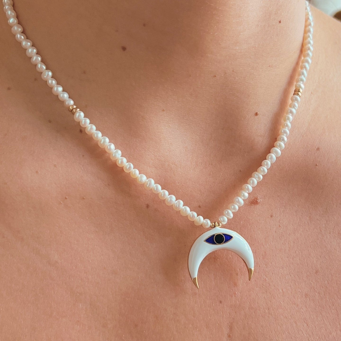 I Trust My Intuition and Embrace New Beginnings — Evil Eye Crescent Pearl Necklace - Georgina Nicol
