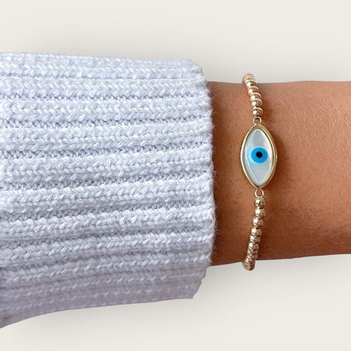 I Welcome Protection and Elegance — Mother of Pearl Evil Eye Bracelet - Georgina Nicol