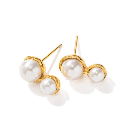 Double Pearl Stud Earrings, Tarnish Resistant, Stainless Steel 