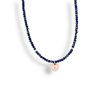 Load image into Gallery viewer, Pink Heart Necklace, Blue Beaded Choker, Gold Filled
