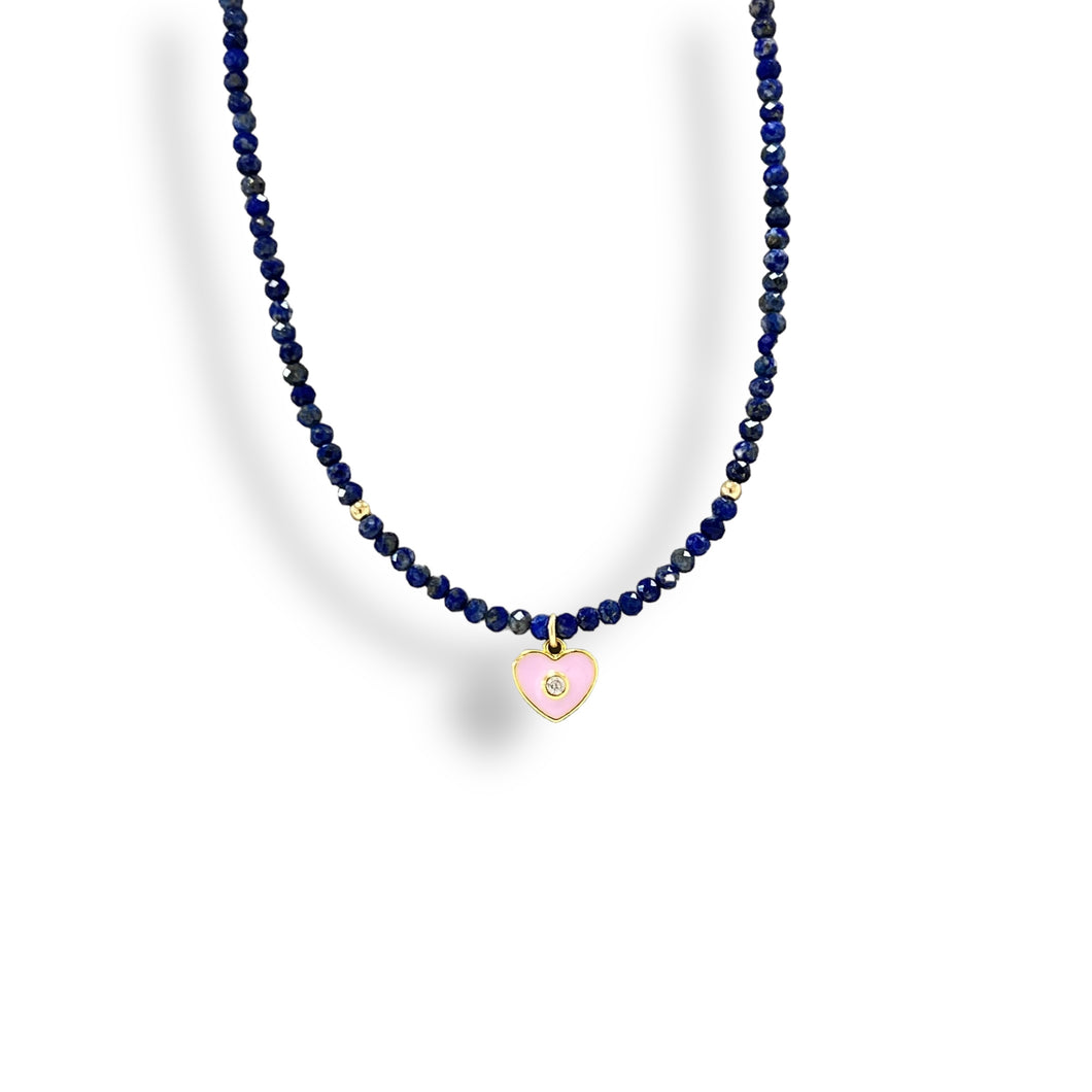Pink Heart Necklace, Blue Beaded Choker, Gold Filled