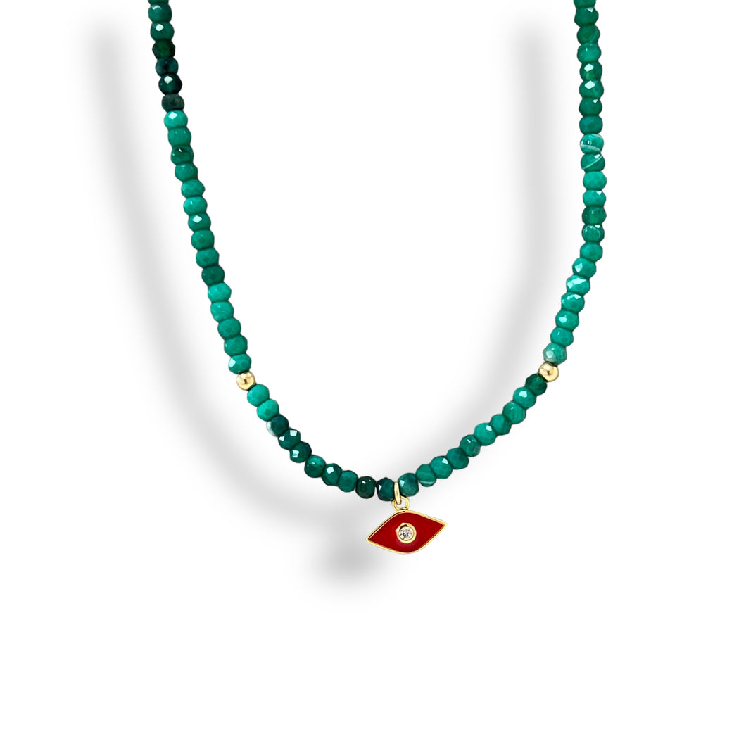 Red Enamel Evil Eye Beaded Necklace, Boho Jewelry, Lucky Charm 