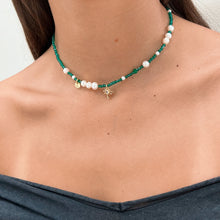 Load image into Gallery viewer, Palm Tree Beaded Choker, Green Crystals, Freshwater Pearls, Summer 
