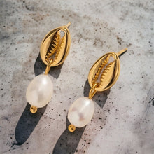 Load image into Gallery viewer, Seashell Pearl Earrings, Ocean Jewelry, Tarnish Resistant
