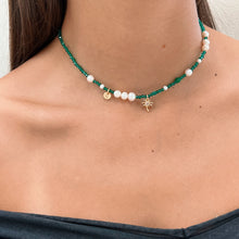 Load image into Gallery viewer, Palm Tree Beaded Choker, Green Crystals, Freshwater Pearls, Summer 
