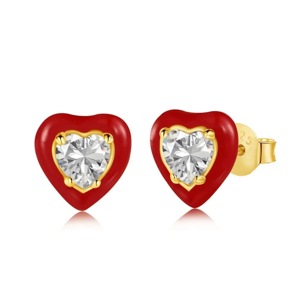 Red Enamel Heart Earrings, Cubic Zirconia, 925 Sterling Silver