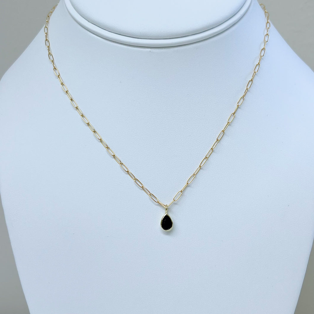 Black Drop Necklace, Gold Filled Jewelry, Mini Paper Clip Chain 