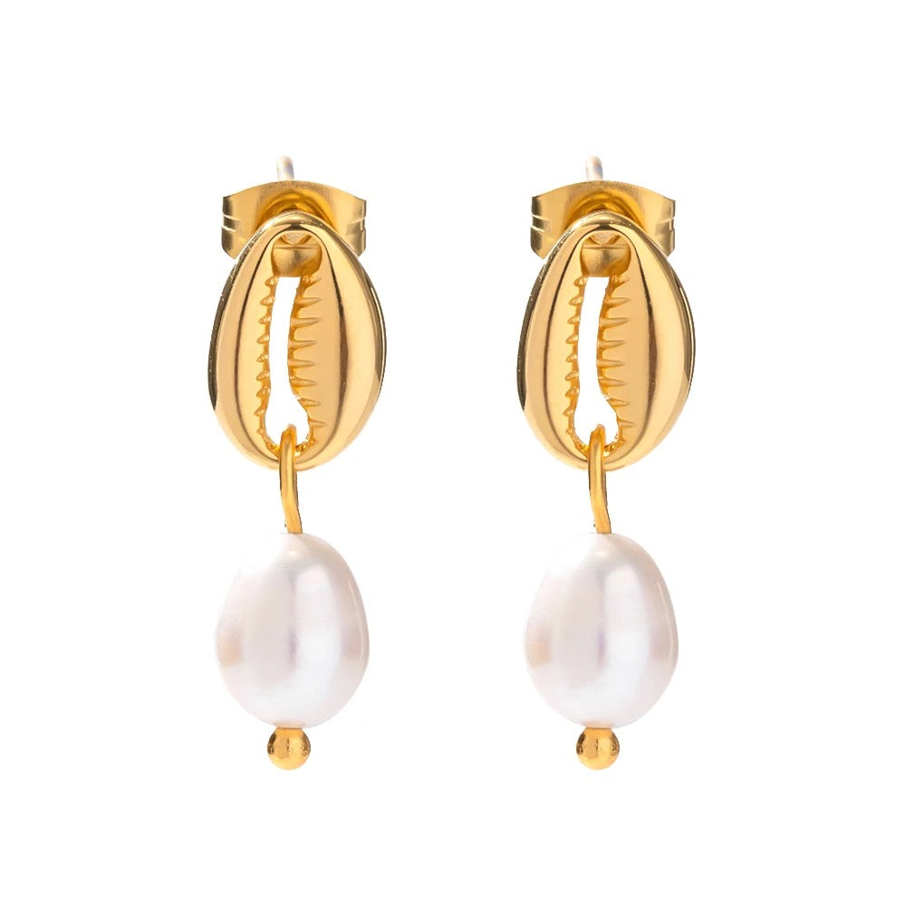 Seashell Pearl Earrings, Ocean Jewelry, Tarnish Resistant