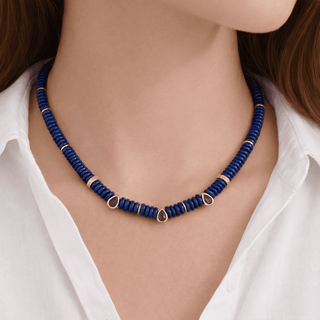 Lapis Lazuli Beaded Necklace with Ruby Color CZ Drops - Georgina Nicol