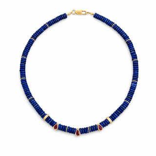 Lapis Lazuli Beaded Necklace with Ruby Color CZ Drops - Georgina Nicol