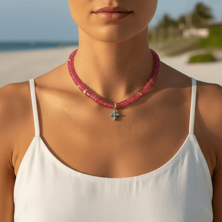 Love, Protection & Divine Guidance Pink Quartz Turquoise Cross Necklace - Georgina Nicol