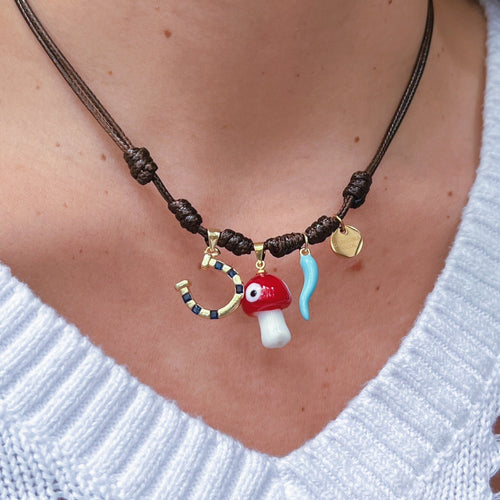 Lucky Charms Cord Necklace, Mushroom, Horseshoe & Cornicello — Unique Protection Piece - Georgina Nicol
