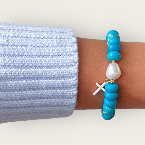My Energy Is Balanced and Blessed — Turquoise, Pearl & Cross Bracelet - Georgina Nicol