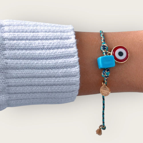 My Spirit Is Guarded, My Energy Is Blessed — Nazar & Turquoise Cube Bracelet - Georgina Nicol