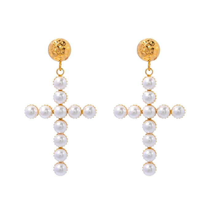 Large Dangle Pearl Cross Earrings Gold Lightweight Tarnish Free 