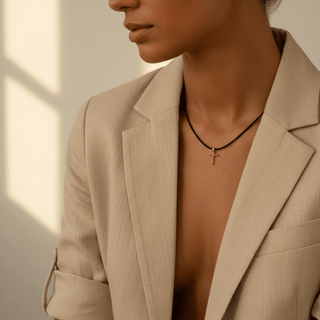 Protected in Every Step Blue Cord Cross Necklace - Georgina Nicol