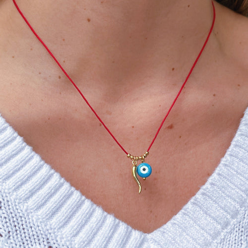 Protection & Good Fortune - Cornicello & Evil Eye Red String Necklace - Georgina Nicol