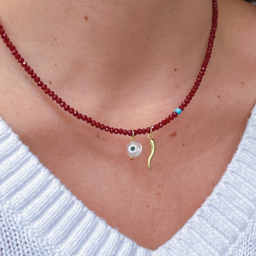 Protection & Good Fortune - Crystal Beaded Necklace with Cornicello & Evil Eye - Georgina Nicol