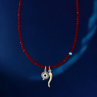 Protection & Good Fortune - Crystal Beaded Necklace with Cornicello & Evil Eye - Georgina Nicol
