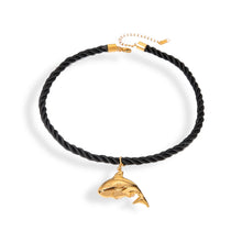 Load image into Gallery viewer, Shark Black Cord Necklace, Shark Pendant Gold, Summer Jewelry 2024
