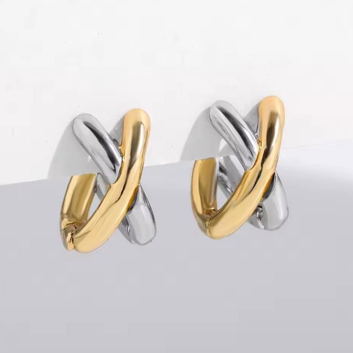 Two-tone Criss Cross Earrings featuring a stylish blend of gold and silver stainless steel.