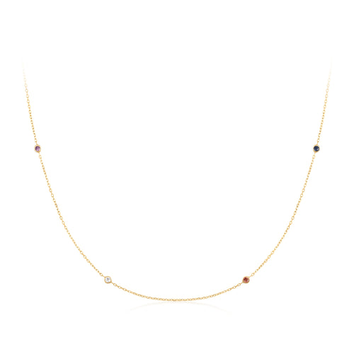 14k Solid Gold Colorful Gemstone Chain Necklace White Topaz, Sapphire