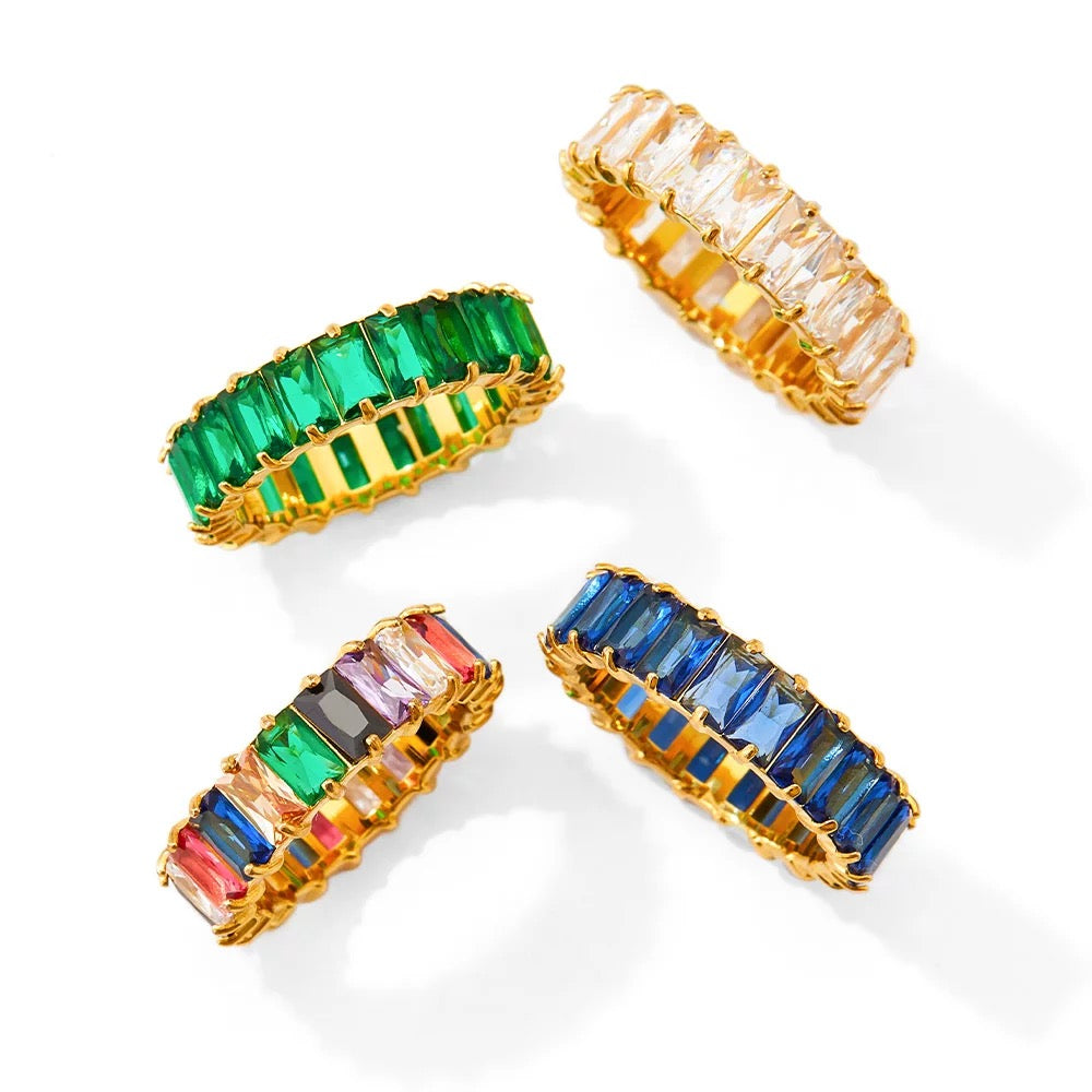  Rectangular Cut CZ Band Ring, Green, Blue, Clear, Colorful, Gold